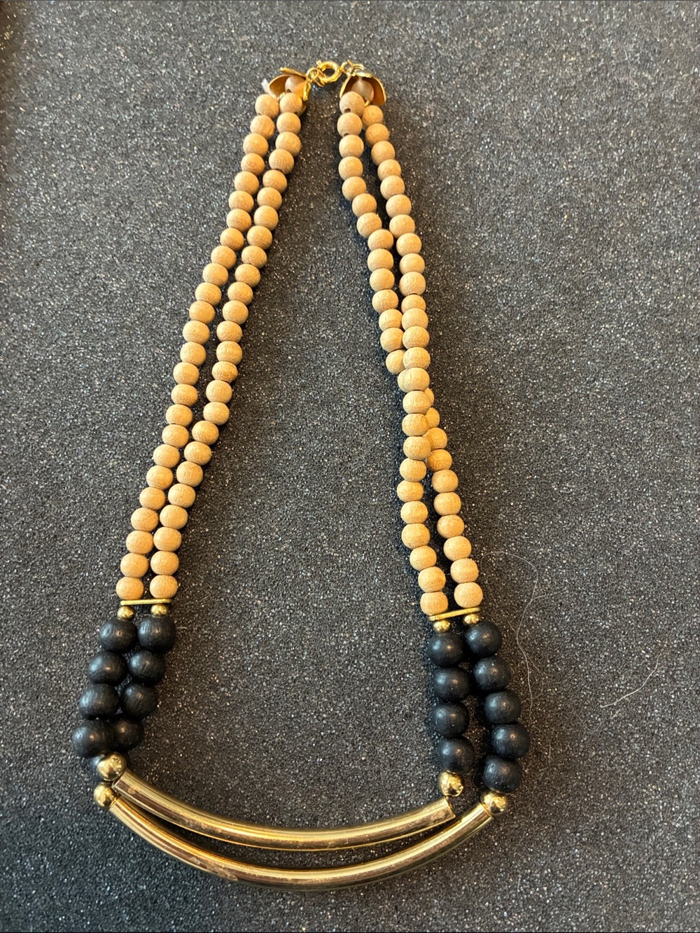 Beaded Double-Strand Necklace with Gold Tubes - Black & Tan
